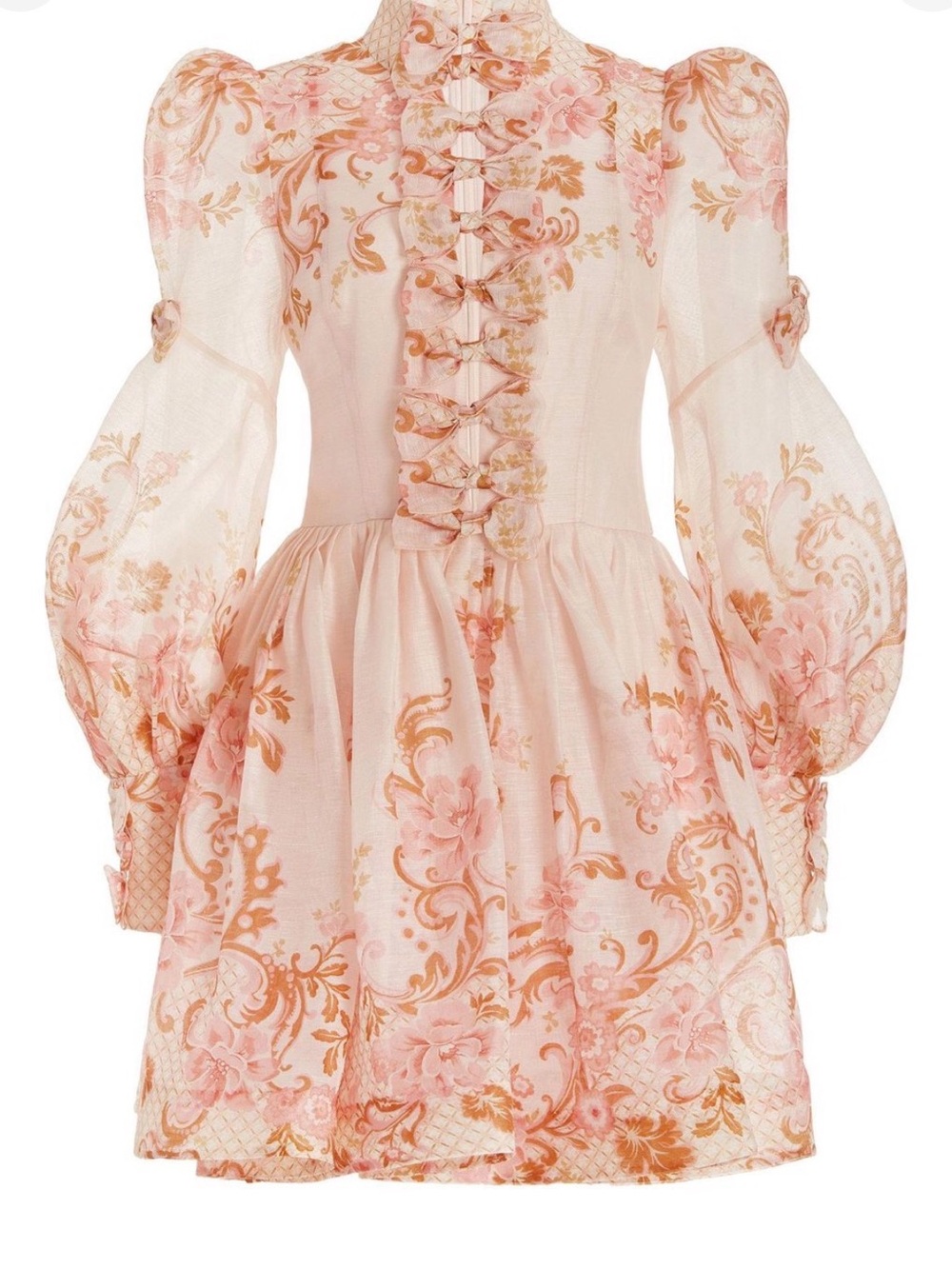 Zimmermann Pink and Gold Floral Puff-Sleeve Dress